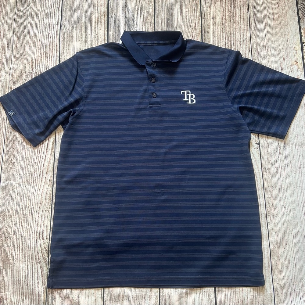 Tampa Bay Rays Majestic Mens Polo Golf Shirt Blue Striped Size XL MLB Sportswear - Picture 1 of 10